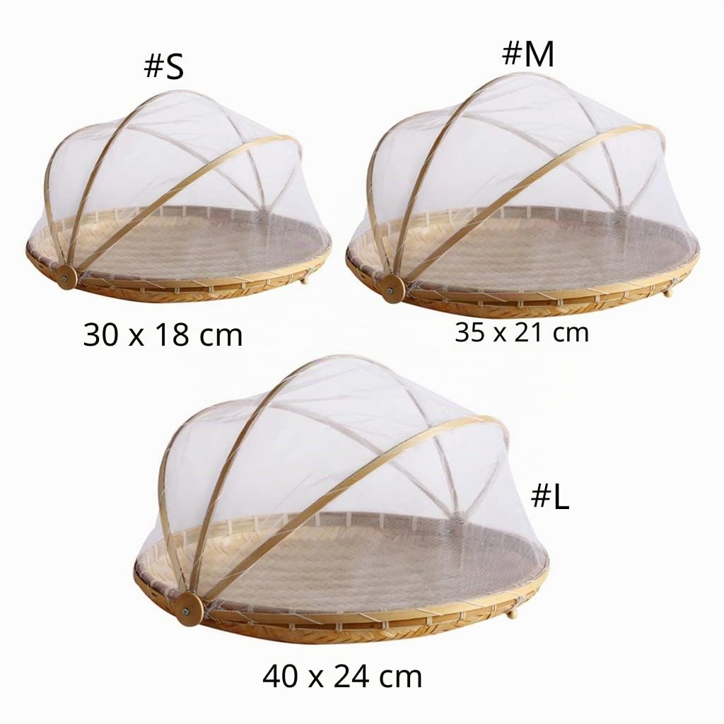 Corbeille à fruits et légumes en bambou tissé à la main avec filet anti-moustique anti-insectes rond en osier résistant à la poussière Plateau pique-nique nourriture pain