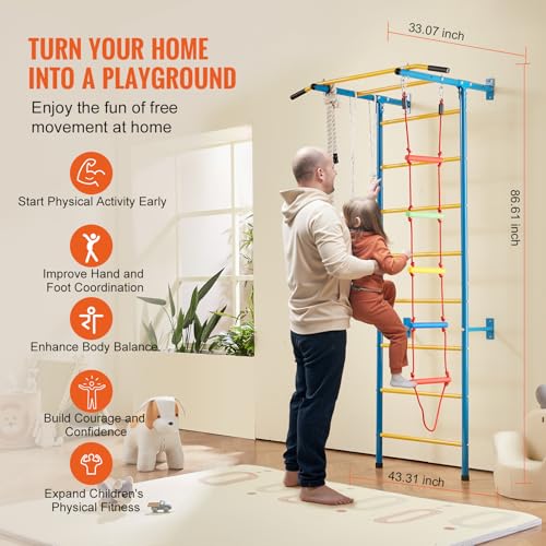 VEVOR Sprossenwand Turnwand Klettergerüst für Kinder (ab 3 Jahren), 5-in-1-Set mit schwedischer Leiter aus Karbonstahl, Klimmzugstange & Strickleiter & Turnringen 100 kg belastbar mehrfarbig