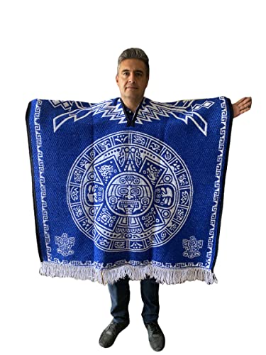 ROYAL BLUE MEXICAN CALENDARIO AZTECA PONCHO , CALENDARIO , PONCHO , UNISEX , REVERSIBLE , MEXICO , MADE IN MEXICO , GABAN , SERAPE , TRADITIONAL PONCHO , AZTEC , THICK PONCHO2