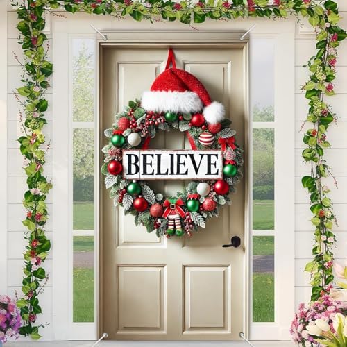 Christmas Wreath Door Banner 35x71 Inches Santa Hat BELIEVE Sign ...