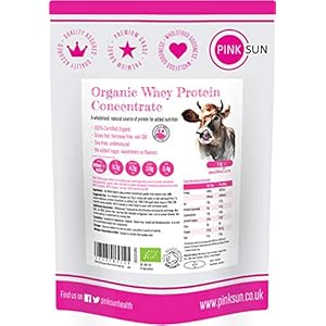 PINK SUN Organic Whey Protein Concentrate Powder Unflavoured 1kg (80% Protein with BCAA) Soy Free Grass Fed Gluten Free No Additives Vegetarian Undenatured Non GM Certified Bio UK