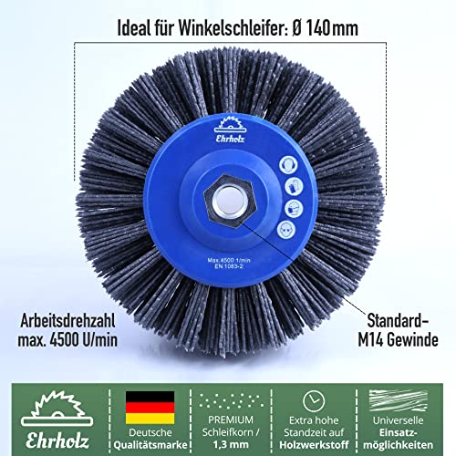 EHRHOLZ® Schleifbürste für Winkelschleifer | 140 mm Durchmesser | Rundbürste | Strukturierbürste | Profiqualität für Holz und Metall (Schleifpartikelanzahl: 80, Nylon)