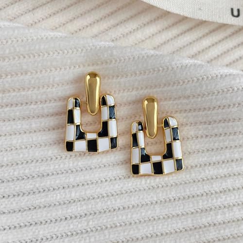 Checkered Earrings for Women Black and White Checkered Dangle Earrings Geometric Square U-shaped Checkered Earrings Vintage Dainty Birthday Jewelry for Women4