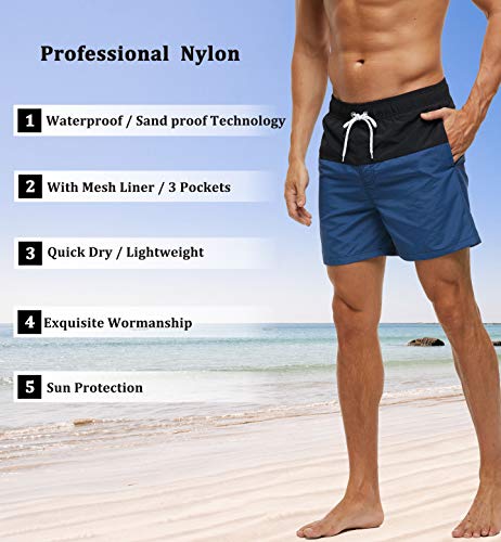 SILKWORLD Men's Swim Trunks Quick Dry Bathing Suit, Beach Shorts with Mesh Lining,Black/Navy,Small - Thumbnail 5