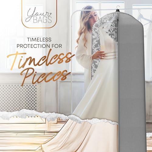 Your Bags Wedding Dress Garment Bag – 72" Garment Bags for Hanging Clothes with 20" Gusset for Puffy Gowns – Durable Cover for Travel or Storage – Rip-Resistant with ID Window - Grey/White Damask thumbnail 6