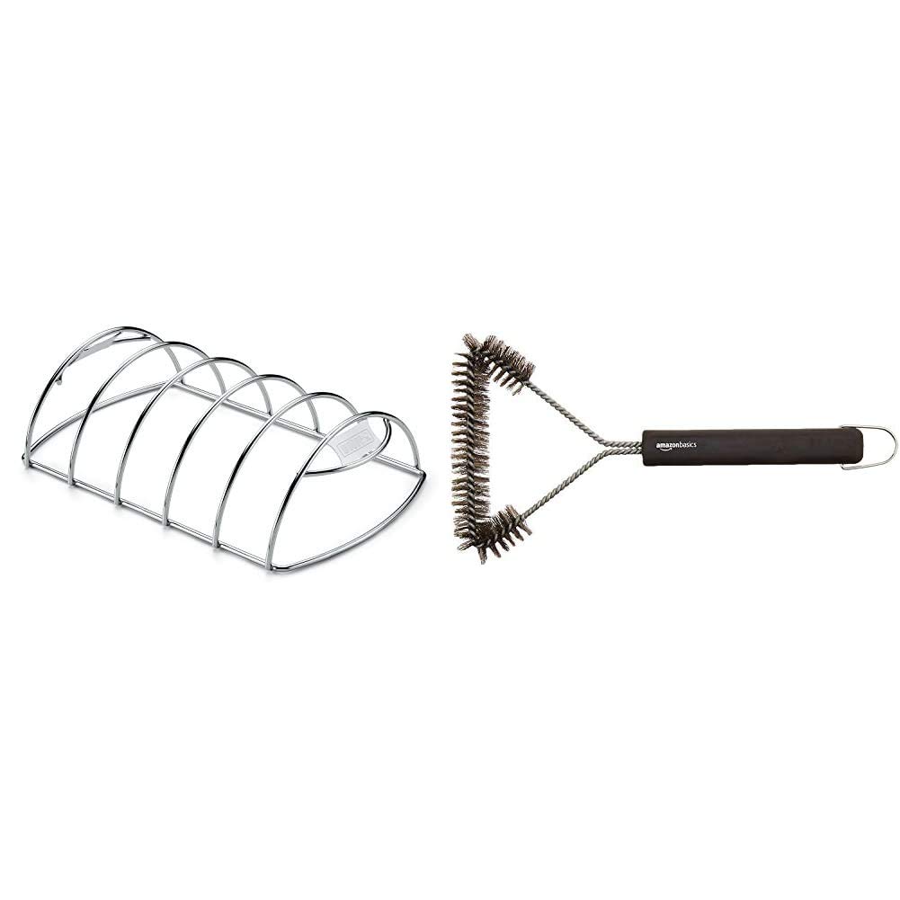 Weber 6605 - Supporto di Cottura per Costine, acciao & Amazon Basics Spazzola a 3 Lati per Barbecue, 30.5 cm