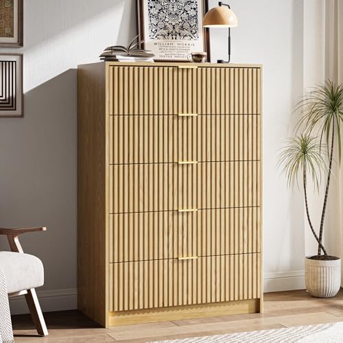 Image of MAISONARIA 47 inch Tall Fluted 5-Drawer Dresser for Bedroom, Natural