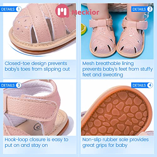 Image of Meckior Baby Toddler Infant Girls PU Leather Soft Open Toe Summer Sandals Flower Princess Flat Shoes