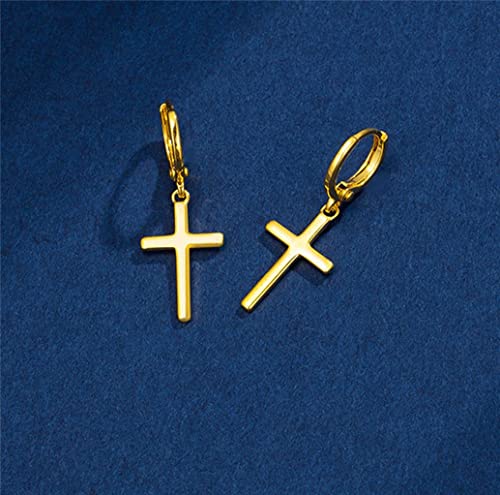Mens Cross Earrings 24K Yellow Gold Plated Hoop With Snap Closure #TOP7