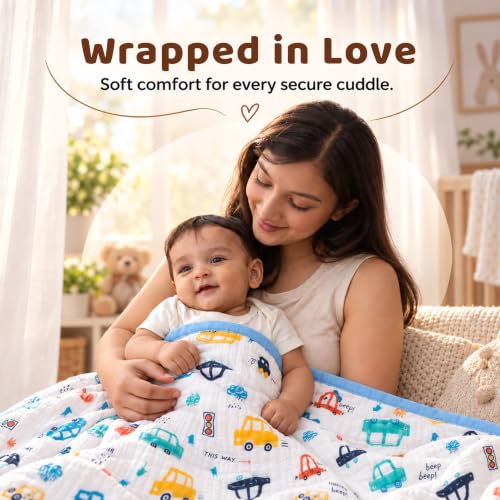 Image of StarAndDaisy Muslin Cotton Blanket 110 x 110 cm, Soft Lightweight Baby Blanket with Colorful Car Print, Breathable Muslin Wrap for Newborns, Infants and Toddlers.