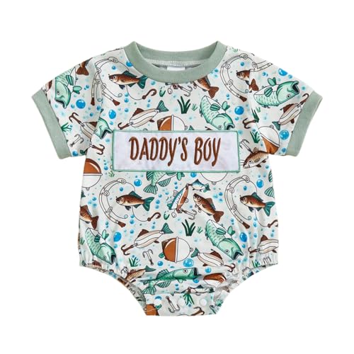 GINEVSAL Newborn Infant Baby Boy Fishing Outfit Letter Embroidery Short Sleeve Round Neck Jumpsuit One Piece Romper (Army Green Fishing 0-3 Months)
