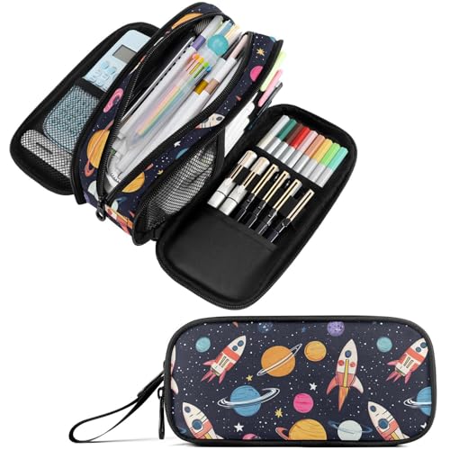 Image of Fustylead Hand Draw Space Rocket Planet Stars Large Pencil Bag Storage Pen Case Makeup Pouch Stationery Bag for School College Office Organizer