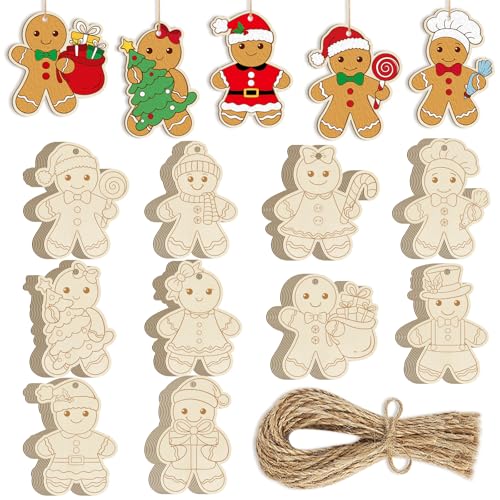 80PCS Wooden Christmas Ornaments to Paint 8 Styles DIY Blank Unfinished Wood Gingerbread Man Cutouts Ornament for Crafts Winter Hanging Decorations