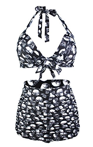 Honeystore Women's Retro 50s Halter High Waist Ruched Bikini Swimsuit