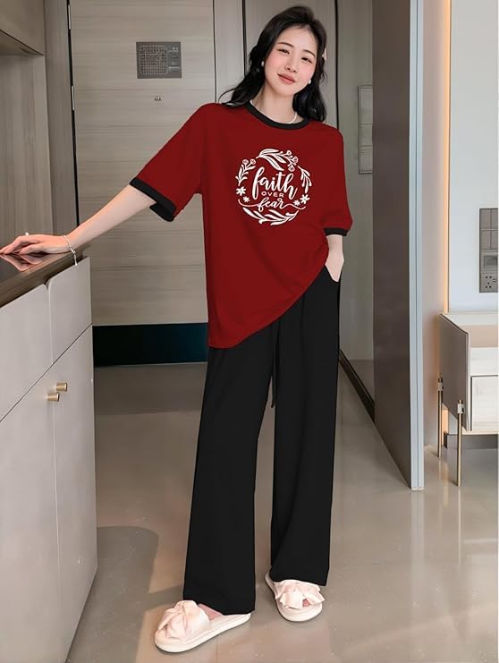 Image of KSHS Printed Round Neck Short Sleeve Nightsuit Set | Pajama Set | Casual Night Dress for Women