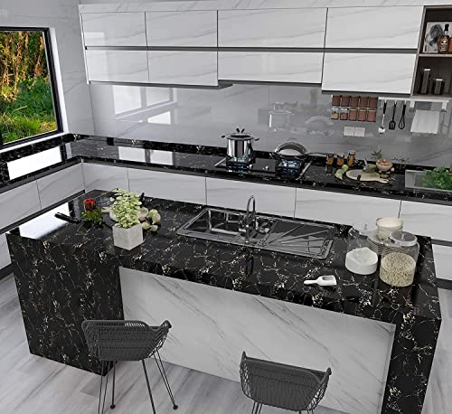 Image of KASHIVAL Self-Adhesive Wall Sticker DIY PVC Vinyl Peel and Stick Glossy Wallpaper for Home, Office, Kitchen, Furniture (Black Gold 60 * 200 cm)