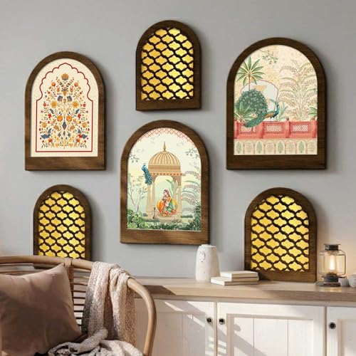 Image of MDF Jharokha Wall Mirror for Home Decor | Traditional Decorative Wall Hanging Jharokha Mirror | Premium Mirrors for Living Room Bedroom Set of 6 (9x12 inch & 7.5x9.5 inch)