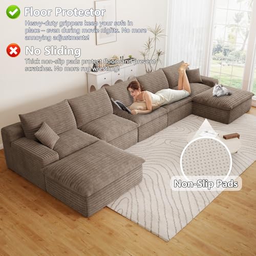 Image of 165 inch Cloud Couch Modular Sectional Sofa for Living Room, U-Shape Boneless Couch with Deep Seat, Modern Corduroy 5-Seater with Ottomans, No Assembly Required, Camel