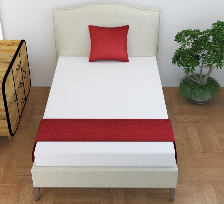 SHRIANAND CREATIONS 200TC Solid Quilted Velvet Single Bed Runner Scarf with Matching Cushion Covers/Slipcover Mattress Protector/Bed Linen Scarf/Decorative Set for Bedrooms/Hotel Rooms (Maroon)