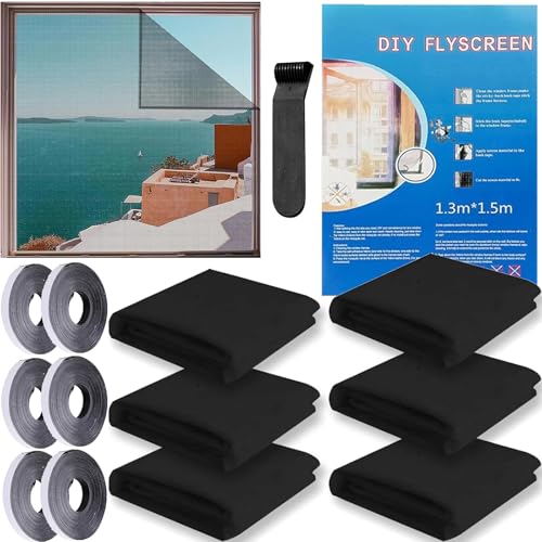 Preisvergleich Produktbild 6 Stück Fliegengitternetze für Fenster, 130x150cm Insektenschutz Fensternetz Fliegengitter,Fenster mit 4 Rollen Selbstklebeband,Moskitonetze für Fenster schützen die Familie vor Insekten