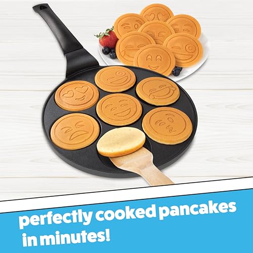 Emoji Mini Pancake Pan- 7 Unique Flapjack Smiley Faces for Kids, Nonstick Pan Cake Maker Stovetop Griddle for Easy Cleanup, Long Handle for Easy Holding, Breakfast Gift- Officially Licensed by Emoji