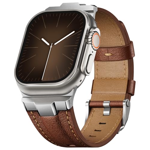 Image of Leather bands Compatible With Apple Watch Ultra Band 49mm 46mm 45mm 44mm 42mm, Superior Genuine Leather Rugged Metal Connector Durable Strap for Men iWatch Ultra3 2 1,Series 11 10 9 8 7 6 5 4 3 SE3 SE