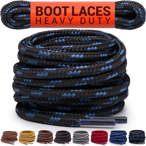 Miscly Round Boot Laces [1 Pair] Heavy Duty and Durable Shoelaces for Boots, Work Boots & Hiking Shoes (Black/Blue, 45 inches (114 cm))