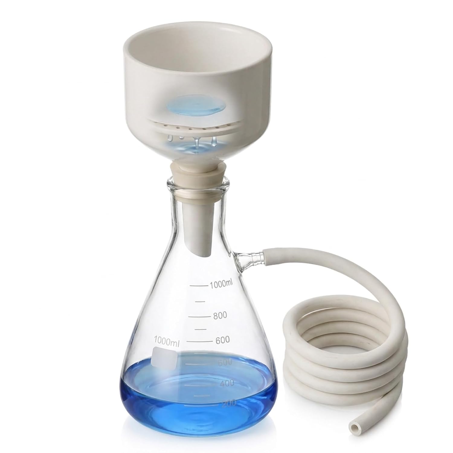 Buchner Funnel Vacuum Filtration Kit, 1000ml (34oz) Borosilicate 3.3 Glass Flask, 80mm (3.15") Ceramic Funnel, with Rubber Stopper and 3.3ft Hose, for Lab Filtration and Chemistry