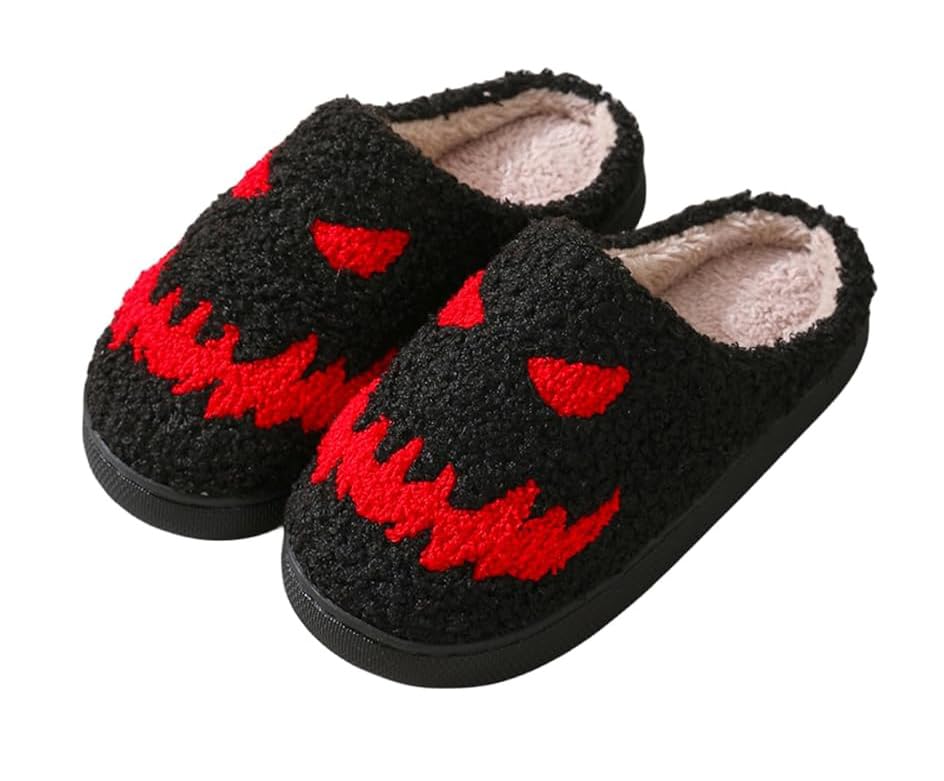 Halloween Slippers for Women Men,Cute Cartoon Plush Fluffy Pumpkin Slipper Non-Slip House Slippers Indoor Outdoor Shoes Holiday Gifts