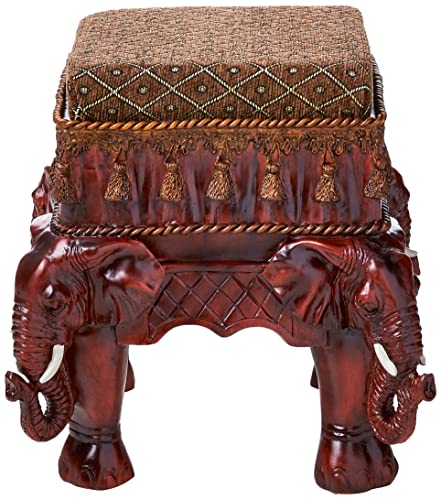 Design Toscano Maharajah Elephant Indian Decor Glass Topped Side Table, 22 Inch, Two Tone Black And Gold & Maharajah Elephants Indian Decor Upholstered Footstool, 13 Inch, Woodtone #TOP5
