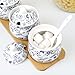 fanquare Blue and White Floral Ceramic Sugar Bowl with Lid, Spoon and Tray, Coffee Sugar Canister Set of 3, Seasoning Box Salt Bowl for Kitchen, 9.5 Ounces