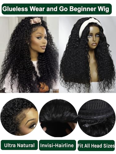 Image of KLAIYI Water Wave 3 In 1 Flip Over 3 /4 Half Wig Human Hair Curly Flip Over Seamless Blend Edges Glueless Wear and Go Drawstring Headband Clip In Wigs for Women Ready to Go Wig Beginner Friendly 16Inch