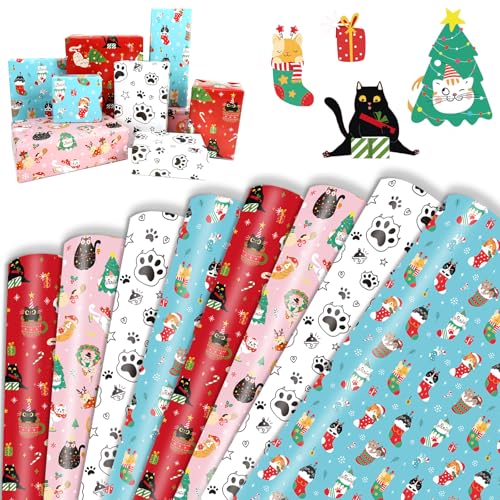 DPKOW Papel de presente de gato natal, 8 folhas papel de embrulho natal Christmas Wrapping Paper, papéis de presente de pata de gato artigos presentes de aniversário Natal, 70 x 50 cm
