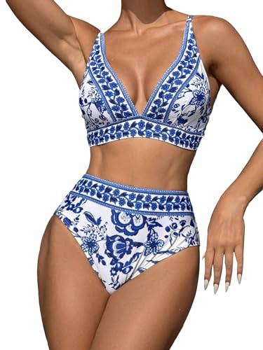 Floerns Women's 2 Piece Boho Floral Print V Neck Bra and High Waist Bottoms Bikini Set