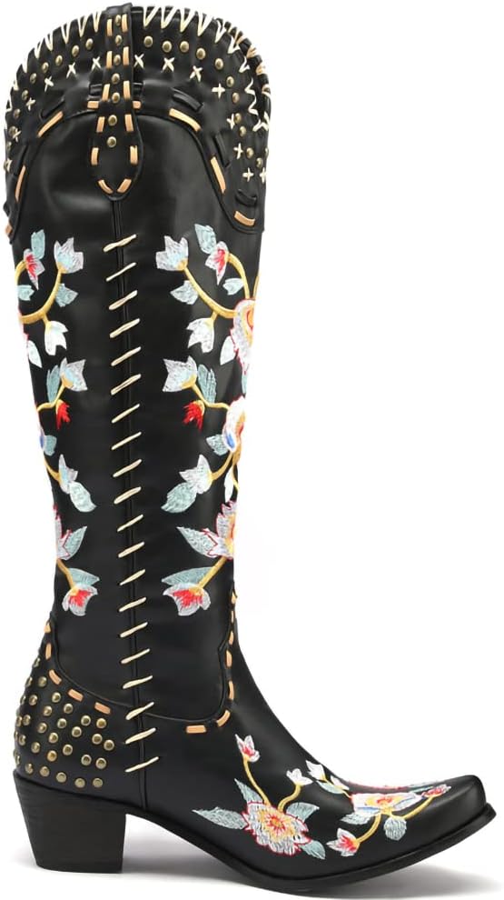 Cowboy Boots for Women Knee High Cowgirl Boots Black Western Style Embroidery Chunky Heel High Boots - Image 7