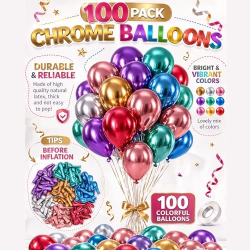 5 Inch Chrome Assorted Balloons (100 Pack) – Assorted Shiny Mirror Finish Latex Party Balloons for Birthday, Baby Shower, Wedding & Event Decorations – Air & Helium Compatible - 2