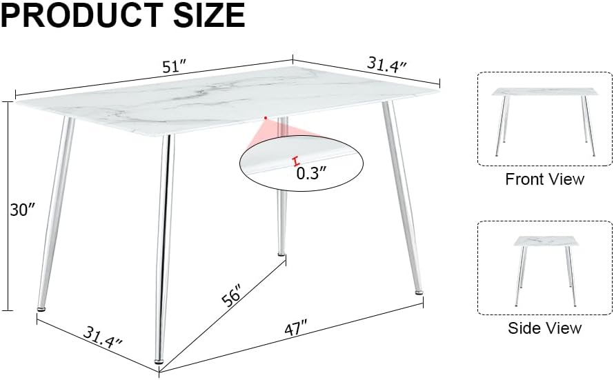 Miniatura 2 de Mesa de comedor rectangular moderna de piedra sinterizada de imitación de 51 pulgadas con mesa de vidrio de 0.3 pulgadas de grosor y patas de metal