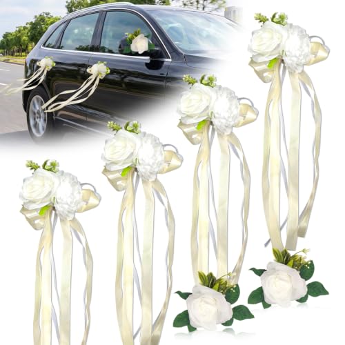 Image of 6 Pcs Wedding Car Door Handle Flowers - White Rose & Peony | Floral Bouquet Car Door Handle & Mirror Flowers with Satin Ribbon Bows , for Just Married Car Decoration