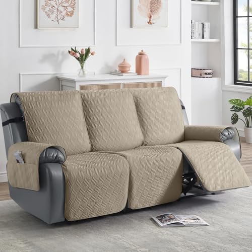 Image of KinCam Waterproof Recliner Chair Cover, Armchair Slipcover with Elastic Straps & Side Pocket, Anti Slip Couch Cover Sofa Protector for Dogs & Pets, Washable Armchair Cover 3 Seater, Taupe