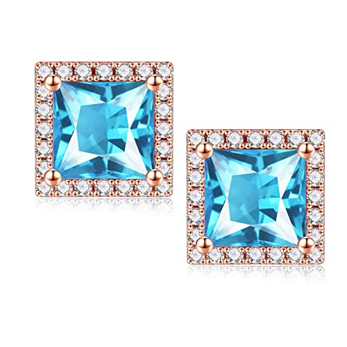 S925 Sterling Silver Birthstone Earrings for Women Girls, Sterling Silver Princess Cut Birthstone Earrings March Birthstone Jewelry Aquamarine Stud Earrings for Women Girls Jewelry Gifts