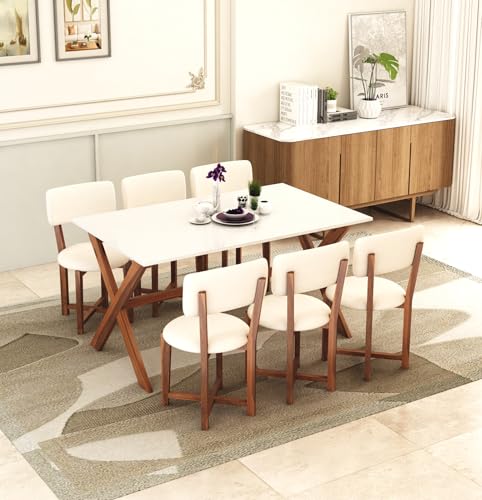Image of MURALICRAFT Sheesham Wood 57 inch Dining Table 6 Seater | Marble Finish Six Seater Dinning Table Set with 6 Upholstered Dining Chairs | Table Top: Premium HDMR Wood | Chair: Round Edge | White & Honey