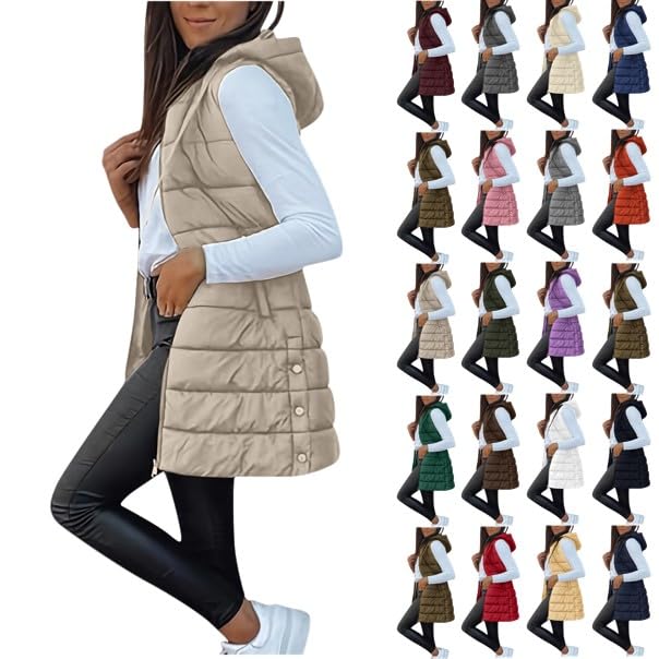 Steppweste Damen Lang mit Kapuze Leicht Weste Warm Ärmellos Übergangsweste | Ärmellos Weste mit Kapuze Daunenweste Warm Winterjacke Wintermantel mit Reißverschluss Kapuzenjacke mit Tasche Outdoorjacke