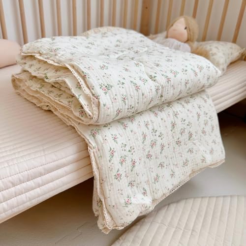 Image of BuLuTu 2-Layer Muslin Cotton Kids Quilt for Twin Bed, Soft Gauze Blanket Lace Edged, Girls Boys Toddler Comforter, Breathable Lightweight, Pomegranate Pattern, 60 inchx78 inch, Machine Washable