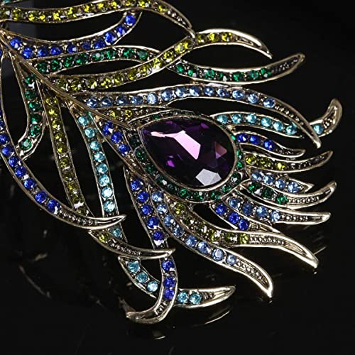 Image of Art Deco Peacock Feather Pin Brooch Great Fashion Jewelery Accessory with Multicolored Crystal Rhinestones for Women - Multicolored