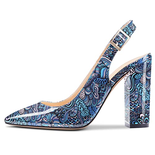 Aachcol Women Chunky Block High Heel Pumps Ankle Strap Slingback Pointed Toe Dress Shoes Office Party Wedding Patent 4 Inch2