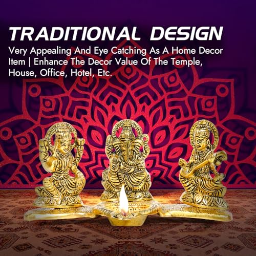 Image of Smizzy Metal Gold Plated | Antique Ganesh laxmi Saraswati God Idol Sculpture Statue Figurine Decorative Showpiece for Diwali Home Decoration Temple and Gift