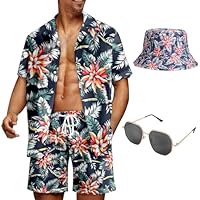 Chemise Hawaïenne Homme, Chemisette Homme Manche Courte T-Shirt et Short Chapeau Lunettes de Soleil Eté Fete Plage Tropicales (FR/ES, Alpha/Lettres, 3TG, Taille Normale, Taille Normale, Bleu Foncé)