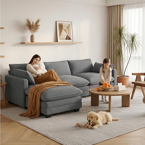 Image of Gizoon 110'' Oversized L Shaped Couch for Living Room, Cloud Couches with Washable Corduroy Cover, Modern 4-Seater Comfy Deep-Seat Sofa with Movable Ottoman and 2 Throw Pillows for Apartment, Gray