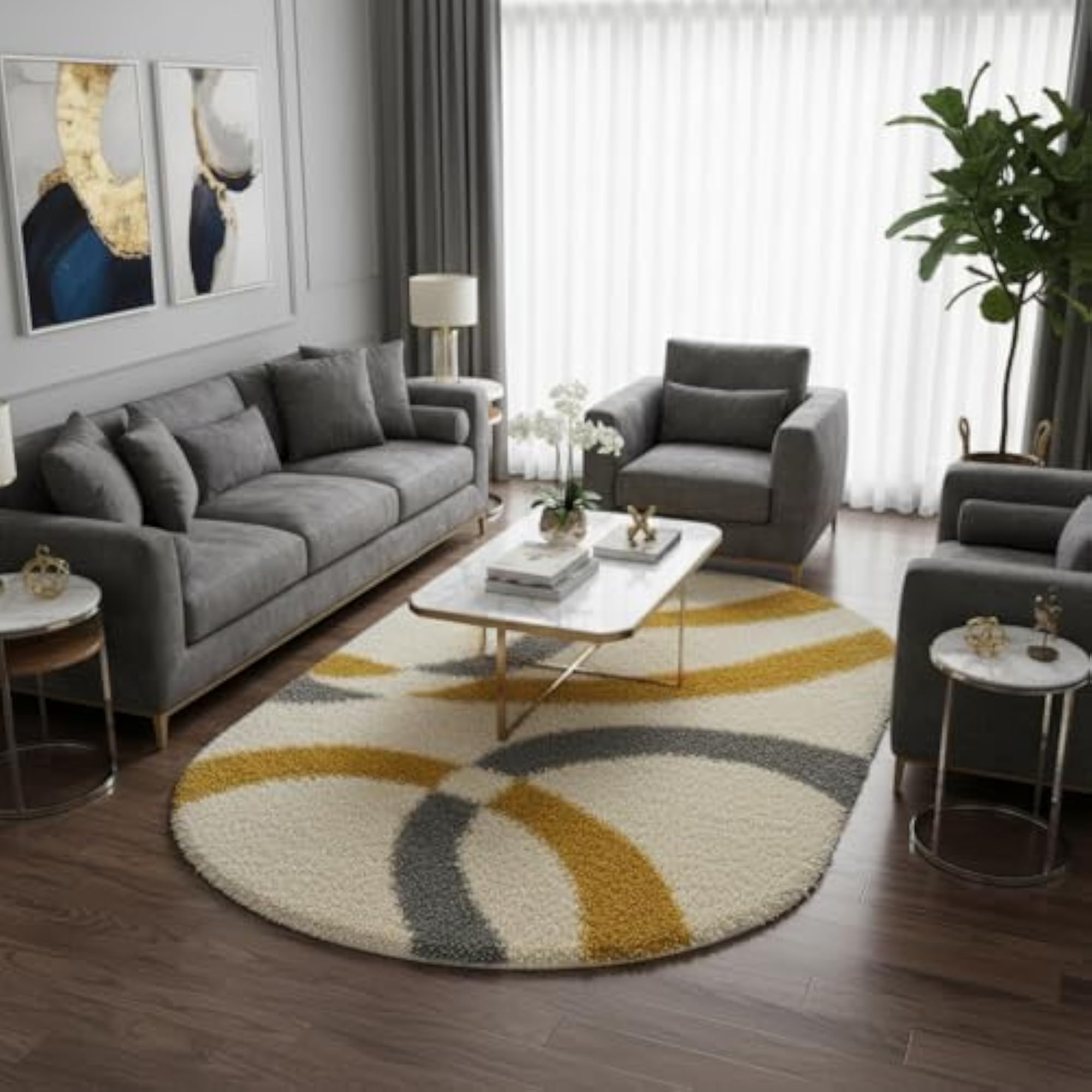 Oval Soft Shaggy Carpet Runner, Cream with Geometric Lines