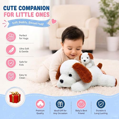 Image of Tickles Adroable Lying Dog with Baby Soft Stuffed Plush Animal Toy for Kids Boys & Girls Birthday Gifts (Size: 48 cm Color: White)